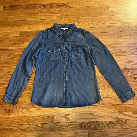 Love Stitch Dark Wash Blue Button Down Long Sleeve Denim Shirt | Size Large - Picture 2 of 12